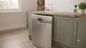 A quiet compact dishwasher operating smoothly in a modern open-plan apartment.