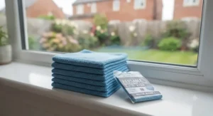 A pack of durable, machine-washable microfibre cloths suitable for windows and household surfaces.