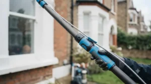 Using a telescopic pole to clean second-storey windows from the ground