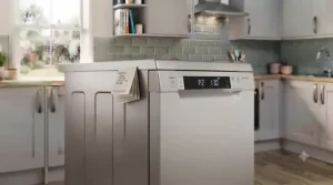 Stylish silver cheap freestanding dishwasher complementing contemporary British kitchen appliances