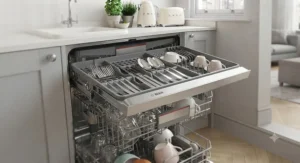Close-up of a slimline dishwasher featuring a flexible top cutlery tray for extra space