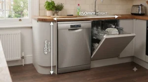 Infographic showing the standard 45cm width dimensions of a slimline dishwasher for fitted UK kitchens.