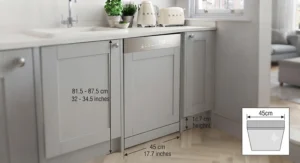 Dimensional diagram showing standard 45cm width measurements for fitting a slimline dishwasher