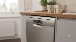 Close-up of the digital control panel and eco-wash settings on a modern slimline dishwasher.