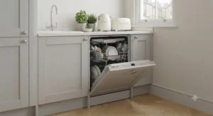 Interior view of a loaded slimline dishwasher showing flexible baskets for plates and cutlery