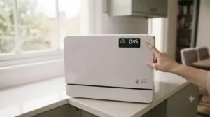 A slimline portable dishwasher fitting neatly underneath a tight kitchenette counter in a shared student accommodation kitchen.