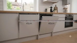 Side-by-side visual comparison of a 45cm slimline and 60cm full-size dishwasher.
