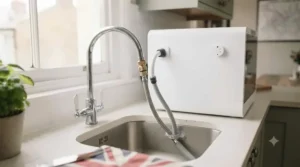 Interior view of a small freestanding dishwasher loaded neatly with dinner plates, cutlery, and mugs in a British household.