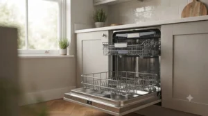A user monitoring a wash cycle on their smartphone via a smart app for an integrated dishwasher.