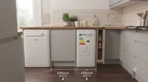 Overhead view of a compact kitchen layout demonstrating how a slimline dishwasher saves floor space.