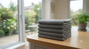 A neatly folded stack of clean, grey lint-free microfibre cloths ready for household window and glass cleaning tasks.