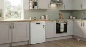 Diagram showing standard 60cm measurements for a budget freestanding dishwasher in a UK kitchen layout