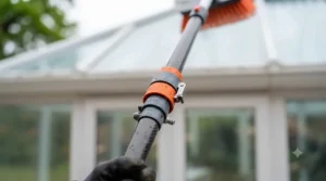 Close-up of the secure locking mechanism on a telescopic conservatory cleaning pole.