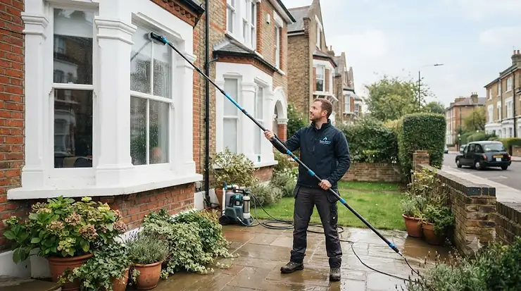 Professional cleaning high-level windows with a telescopic pole telescopic pole for window cleaning