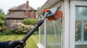 A telescopic cleaning tool wiping down white uPVC conservatory frames and gutters.