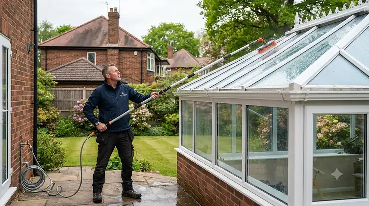 A person safely using a telescopic conservatory cleaning tool to reach the roof panels from the garden patio. telescopic tool for conservatory cleaning