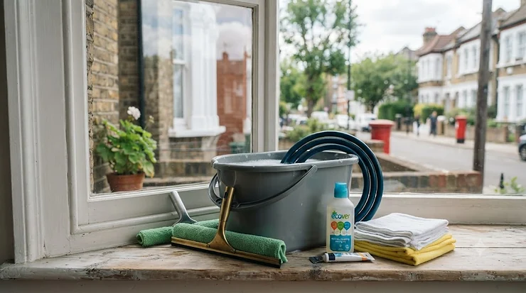 Complete traditional window cleaning kit with squeegee, washer, and bucket. traditional window cleaning kit