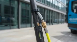 Durable hose connection point for a professional water fed pole system.