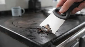 Using a specialized cleaning scraper on a cast-iron range cooker top.