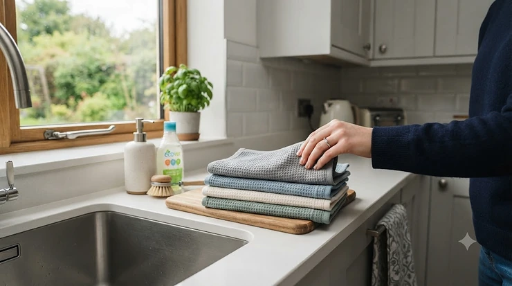 A stack of colourful antibacterial kitchen cloths on a clean marble countertop in a modern British kitchen. antibacterial kitchen cloths