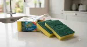 A vibrant assortment of antibacterial kitchen sponges arranged on a work surface, ready for wiping down countertops and ceramic hobs.