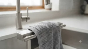 An antibacterial sink cloth hanging near a stainless steel kitchen tap to dry quickly between uses.