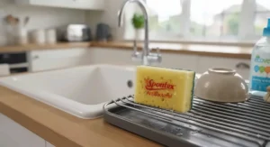 Clean antibacterial kitchen sponge drying naturally on a wire drainer rack beside the sink.