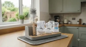 Standing bottle brush for baby bottles placed neatly next to a drying rack on a draining board.