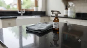 Before and after demonstration of a glossy kitchen worktop cleaned to a streak-free finish.