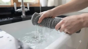 Wiping down a durable laminate kitchen worktop with a gentle, non-scratch cloth.