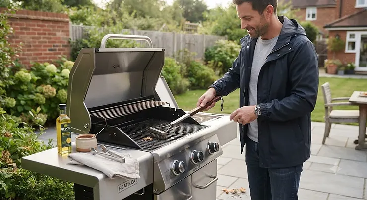 A heavy-duty stainless steel grill brush for BBQ cleaning on a British garden patio. grill brush for BBQ