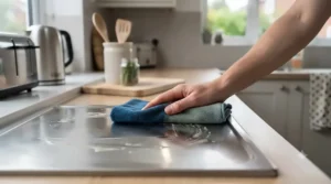 Person wiping a gleaming stainless steel kitchen hob with a microfibre cloth.