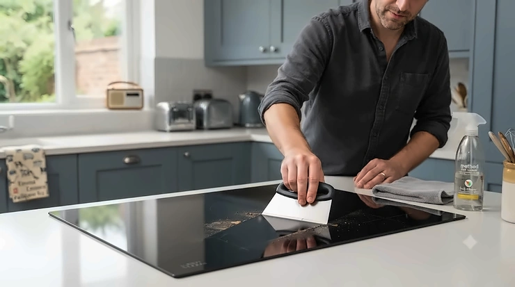 Stainless steel oven scraper cleaning a ceramic hob in a modern British kitchen. oven scraper