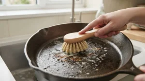 Close-up of durable bristles on a scouring brush for pots and pans removing grease from a cast-iron skillet.