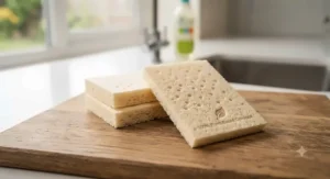 Natural plant-based cellulose kitchen sponges positioned on a wooden chopping board, highlighting sustainable cleaning options.