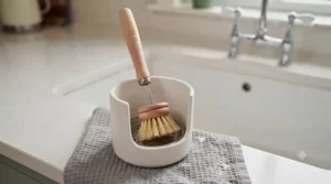 Biodegradable wooden washing-up brush resting on soil to demonstrate plastic-free composting.