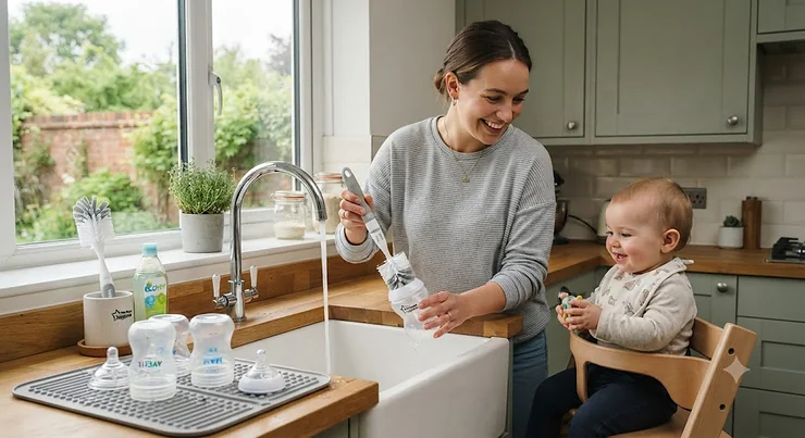 Best bottle brush for baby bottles cleaning a teat and narrow-neck glass bottle in a modern British kitchen sink. bottle brush for baby bottles