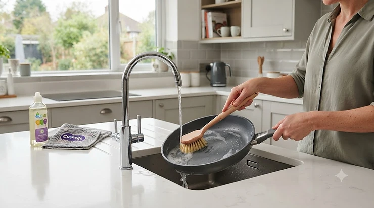 Ergonomic washing-up brush for non-stick pans resting on a clean British kitchen worktop. brush for non-stick pans