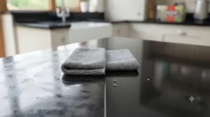 Buffing a kitchen island worktop with a dry cloth to achieve a mirror-like, streak-free finish.