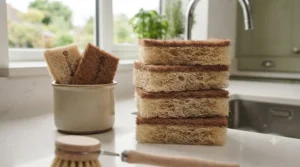 A multi-pack of natural, unbleached compostable kitchen sponges neatly stacked on a wooden worktop.