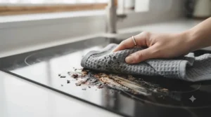 Using a heavy-duty antibacterial cloth to wipe down a hob and remove stubborn cooking stains.