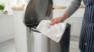 A hand using a white microfibre cloth to meticulously wipe the underside and hinge mechanism of the bin lid.