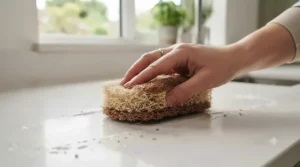 Wiping down a kitchen worktop with a versatile, plant-based compostable sponge.