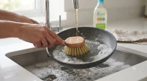 Person using a specialist washing-up brush to clean food residue from a black non-stick frying pan.