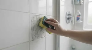 Heavy-duty scourer sponge scrubbing grease off a dirty oven glass door.