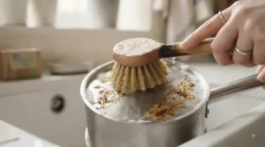 Durable eco-friendly washing-up brush scrubbing a stainless steel saucepan to remove baked-on food without scratching.