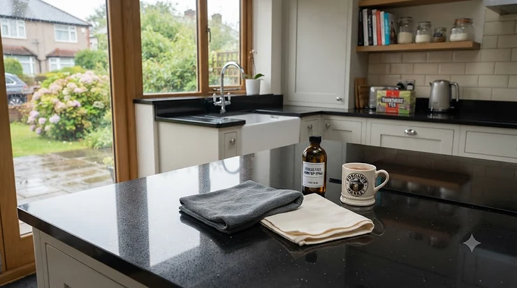 A sparkling clean kitchen worktop in a modern British home, cleaned using streak-free cloths. cloths for streak-free worktops