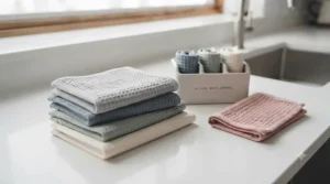 A pack of colour-coded antibacterial kitchen cloths designed to prevent cross-contamination during household chores.