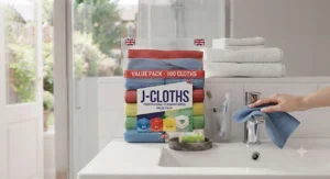 Assorted bright colours of J-cloths laid out to demonstrate a hygienic kitchen cleaning routine.