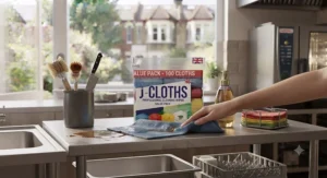 Catering-grade J-cloth bulk pack stacked neatly beside a commercial sink for daily cleaning.
